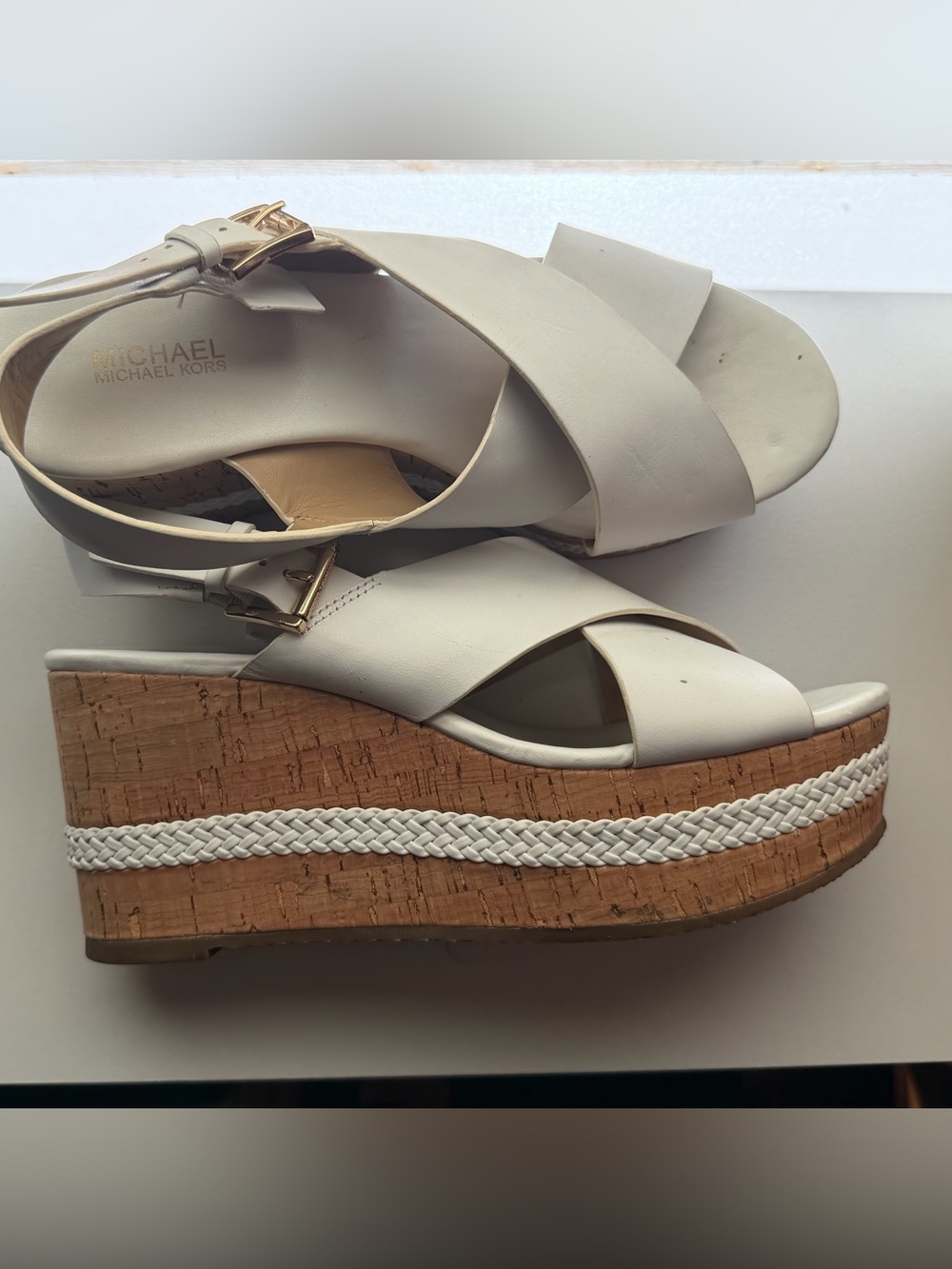 Michael Kors Cream Leather Cork Braided Wedge Sandals